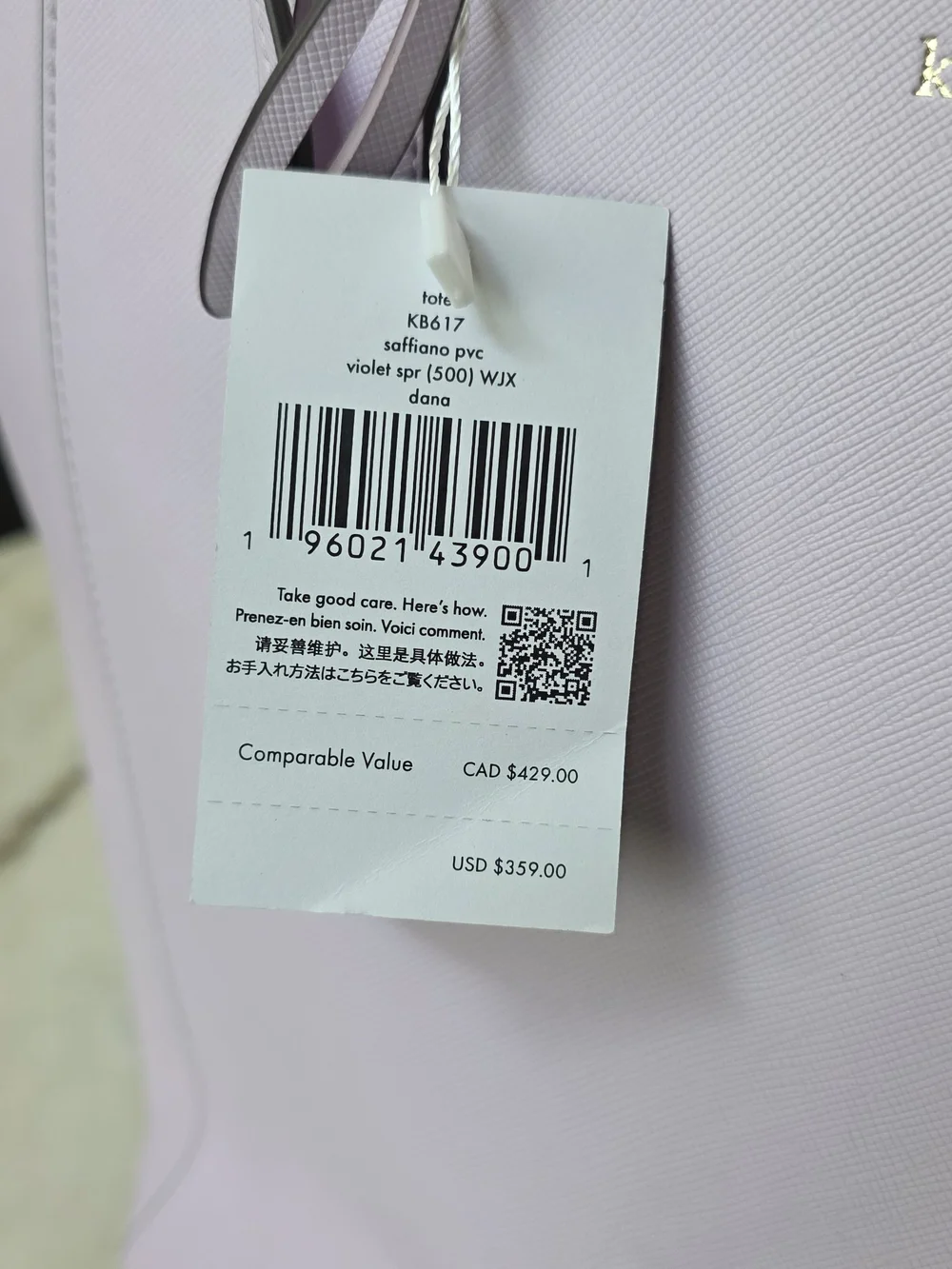 Kate Spade New York Dana Large Tote Violet Lavender Saffiano PVC NWT
